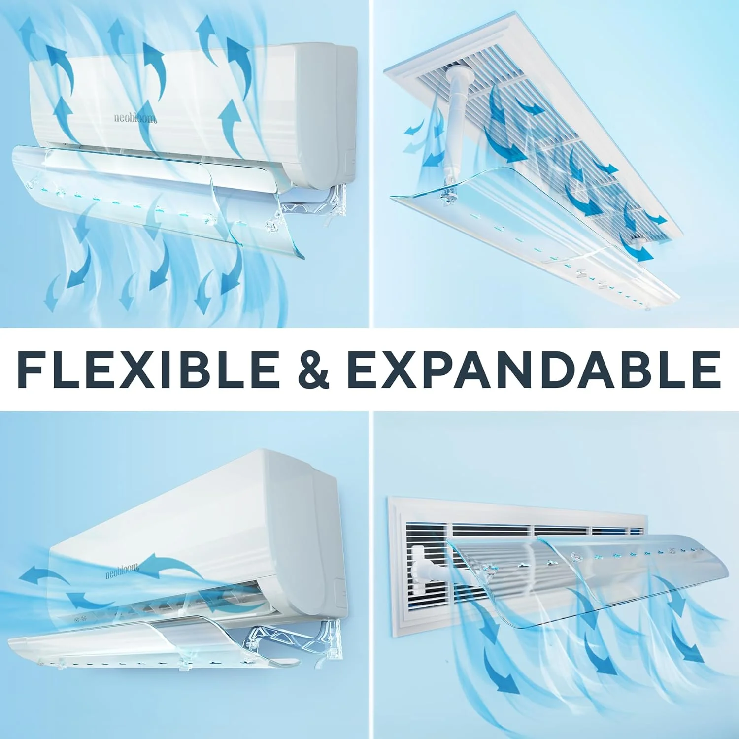 منحرف کننده کولر گازی اسپلیت مرکزی NEOBLOOM، منحرف کننده دریچه کولر گازی، شیشه جلوی قابل تنظیم 56-102.5 سانتی متر، منحرف کننده جریان هوای کولر گازی مرکزی، یونیورسال مناسب برای همه کولر گازی های اسپلیت، دریچه ها، توری ها