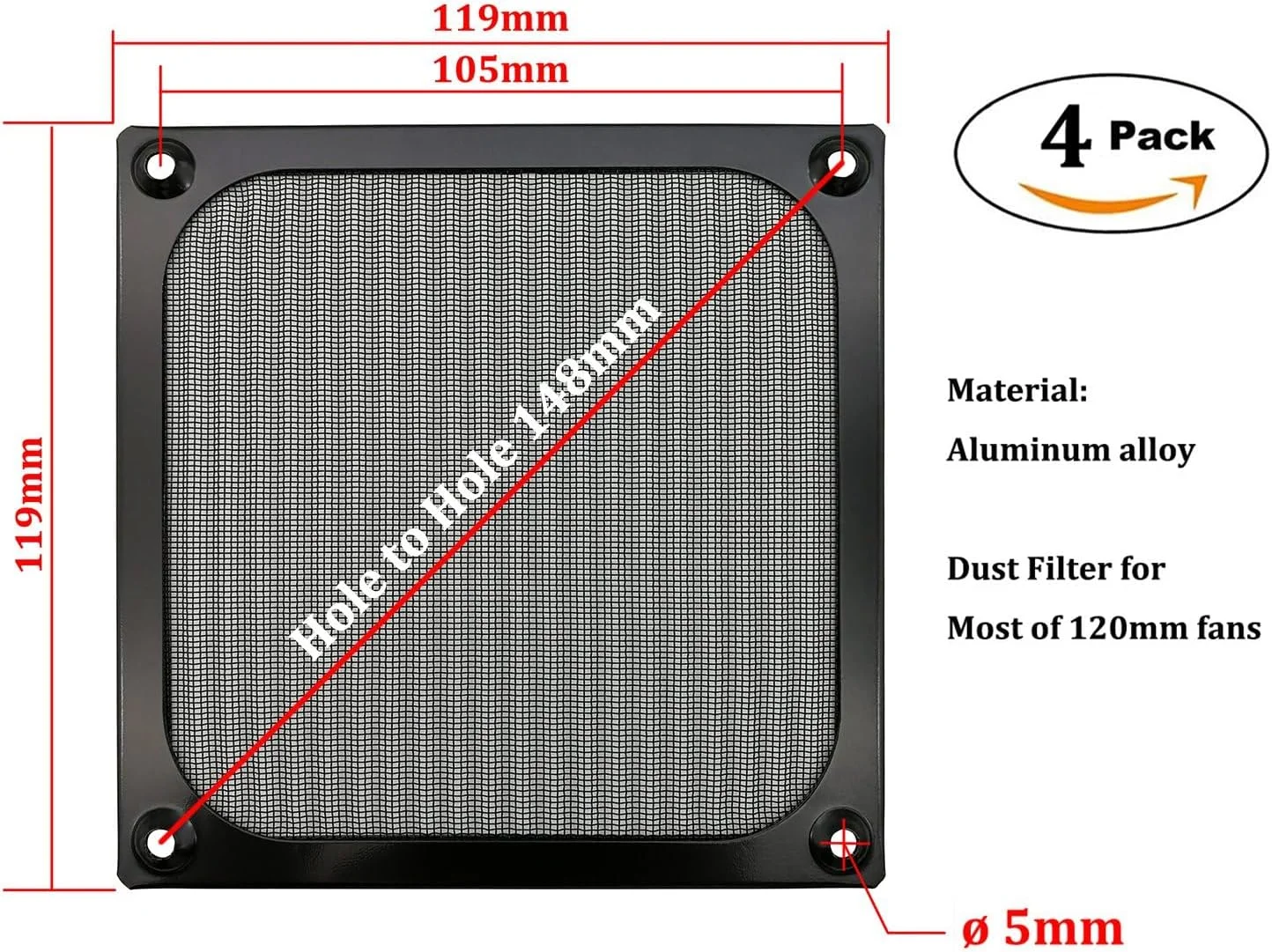 فیلتر توری فن کامپیوتر 120 میلی متری Defsedar با پیچ، توری آلومینیومی بسیار ظریف، رنگ مشکی (بسته 4 عددی)