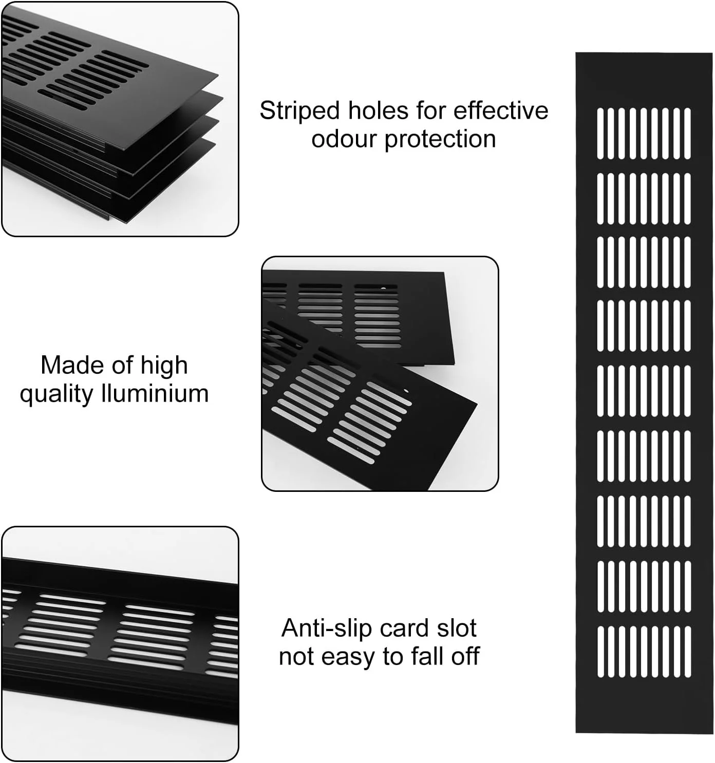 دریچه هوا CYEER، بسته 4 عددی، 80mmx400mm، پوشش دریچه هوا از جنس آلیاژ آلومینیوم مشکی، دریچه مستطیلی برای کمد لباس، جاکفشی، کابینت سینک