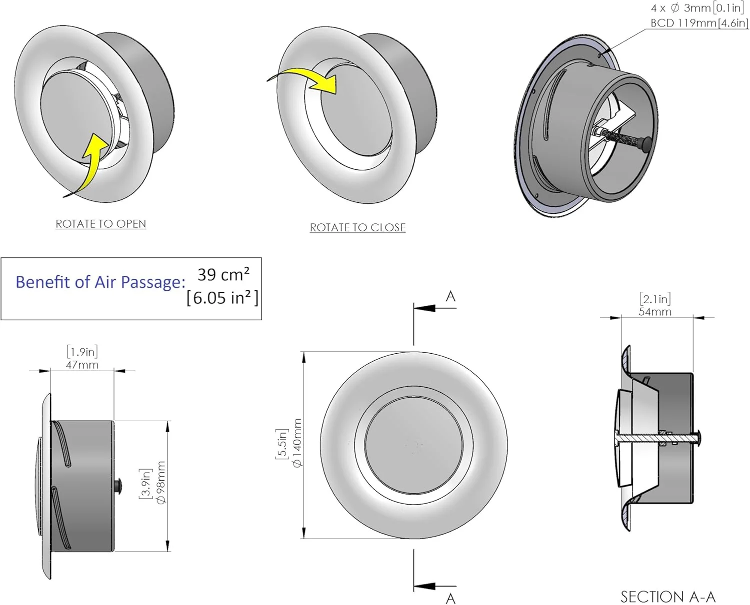 دریچه گرد سقفی دملو، دریچه دیسکی فلزی تنظیم شونده، هواکش سقفی قابل تنظیم در جهت عقربه های ساعت، دریچه مکش هوای فلزی (قطر: 100 میلی متر)