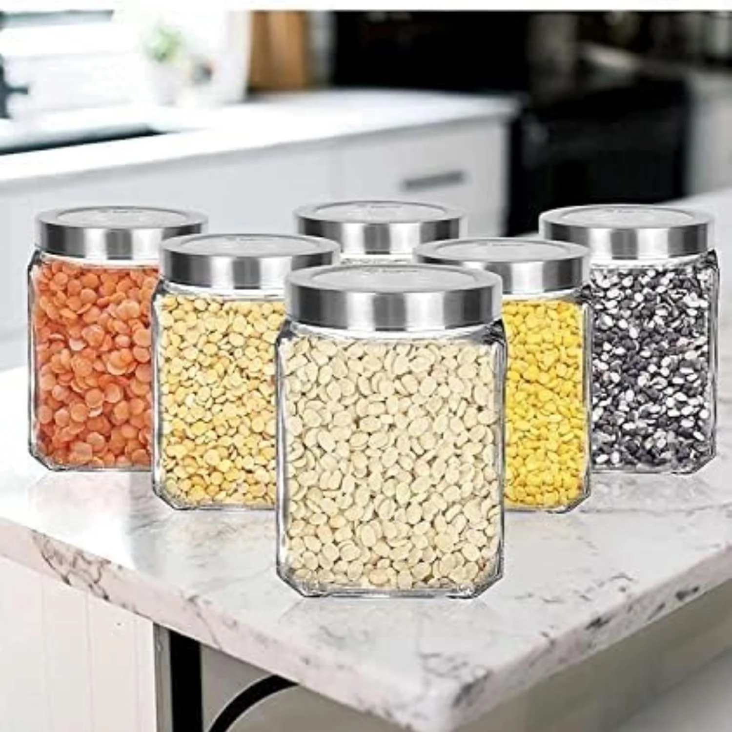 Vency Glass Cubical Square 500ml Transparent Glass Jars & Containers for Kitchen Pantry, Snacks, Masala, Honey, Jams, Pickles, Cookies, Dry Fruits, Coffee Beans Storage with Lid (500ml, Set Of 8) Vency Glass Cubical Square 500ml Transparent Glass Jars & Containers for Kitchen Pantry, Snacks, Masala, Honey, Jams, Pickles, Cookies, Dry Fruits, Coffee Beans Storage with Lid (500ml, Set Of 8)