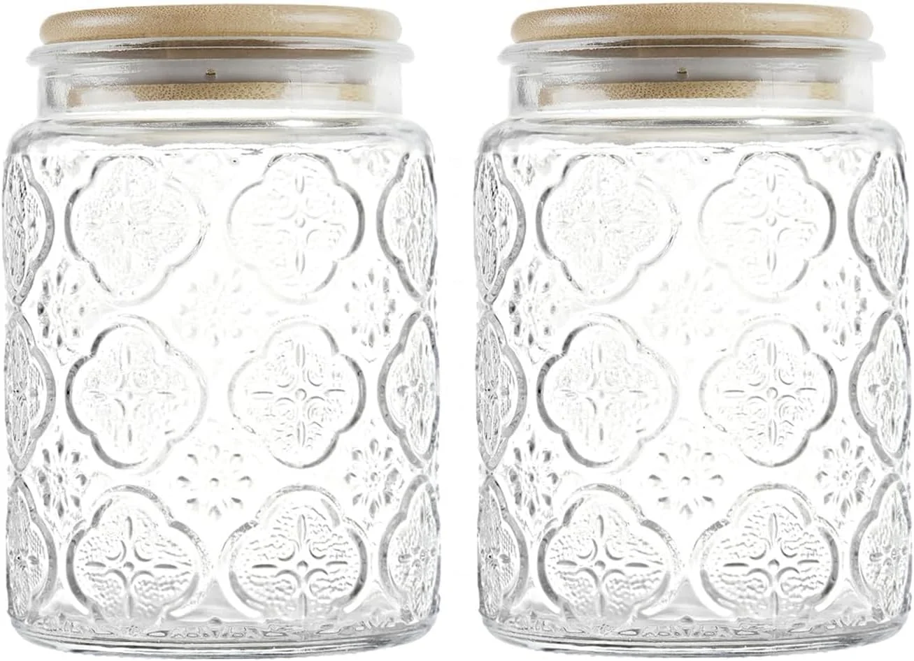 ست ظروف شیشه ای قدیمی 700 میلی لیتری با درب بامبو برای کابینت آشپزخانه، انبار، ادویه جات، قهوه، خامه، آرد، چای، حبه قند، آبنبات، ظروف زیبا (گل بگونیا * 2)