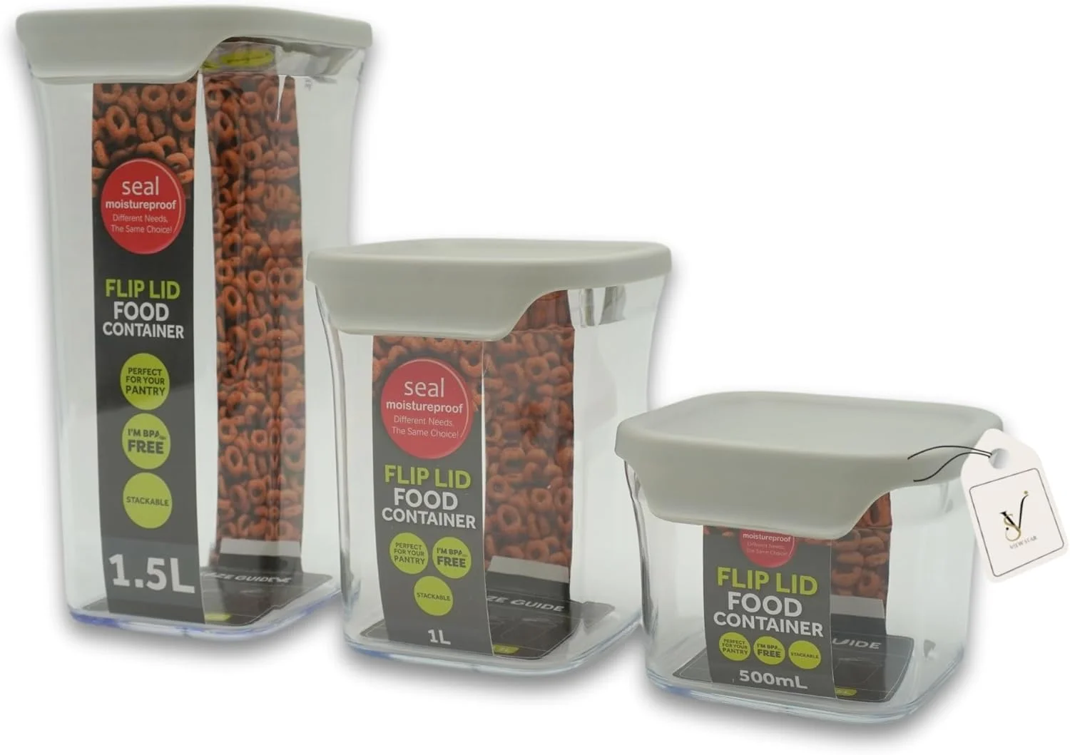 ست 3 تکه ظروف نگهداری مواد غذایی Viewstar با درب های محکم، 1500 میلی لیتر، 1000 میلی لیتر، 500 میلی لیتر، ضد رطوبت، ظروف شفاف برای انبار آشپزخانه، غلات، تنقلات، ادویه جات، پاستا ایده آل برای سازماندهی