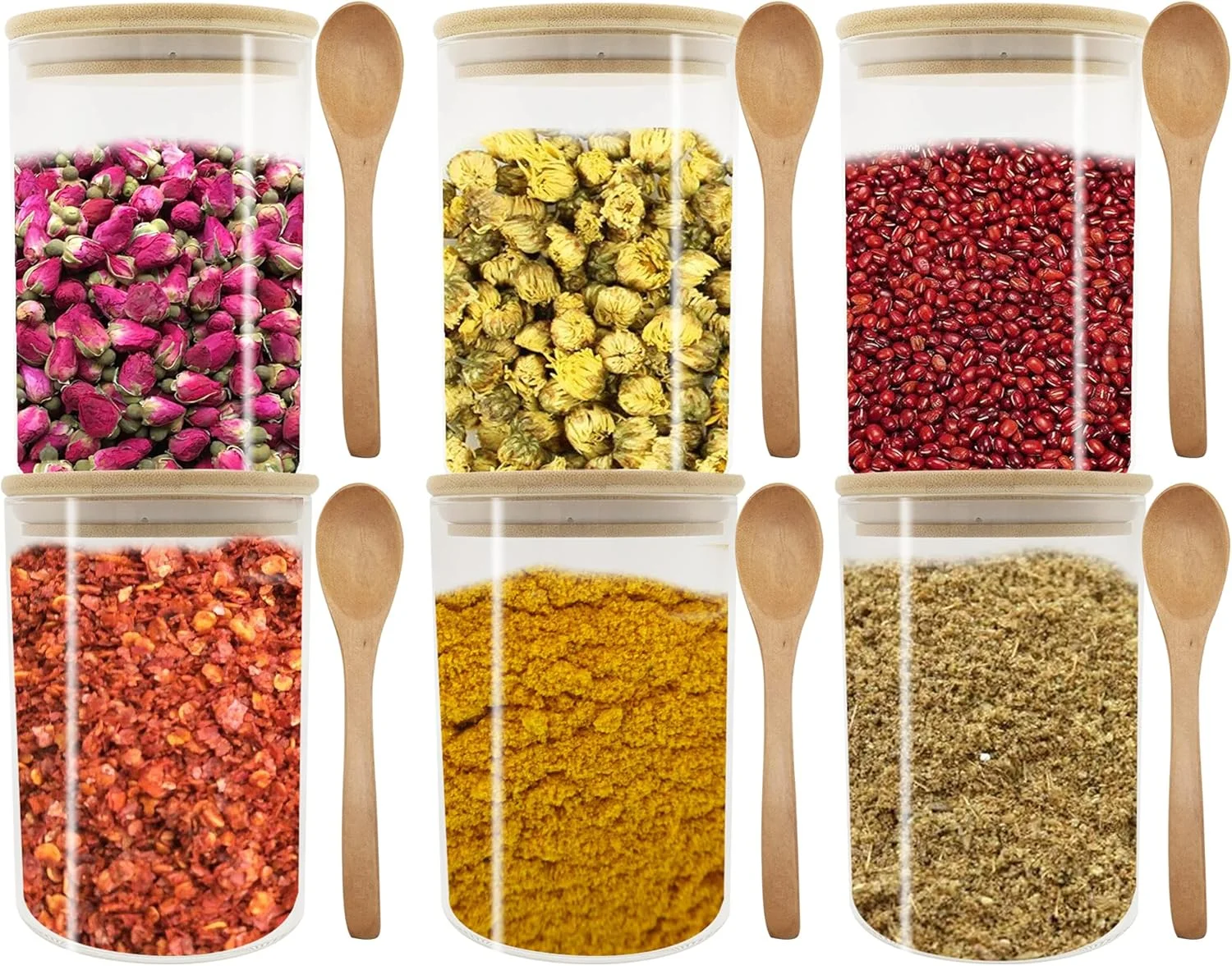 VIKEYHOME Glass Pantry Storage Containers, 27oz (6 Pack) Borosilicate Glass Food Jars with Airtight Bamboo Lids, 800ml Jar with 6 pcs Wooden Spoons