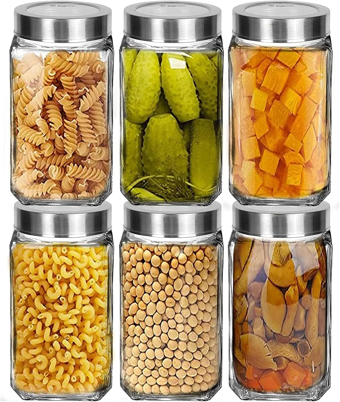 ظروف شیشه ای مربعی شکل شفاف ونسی برای نگهداری مواد غذایی، تنقلات، ادویه جات، ترشیجات، میوه های خشک و دانه های قهوه با درب استیل (ست 6 عددی) (درب استیل 1000 میلی لیتری)، آبی