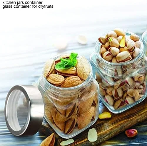 Vency Glass Cubical Square 500ml Transparent Glass Jars & Containers for Kitchen Pantry, Snacks, Masala, Honey, Jams, Pickles, Cookies, Dry Fruits, Coffee Beans Storage with Lid (500ml, Set Of 8)