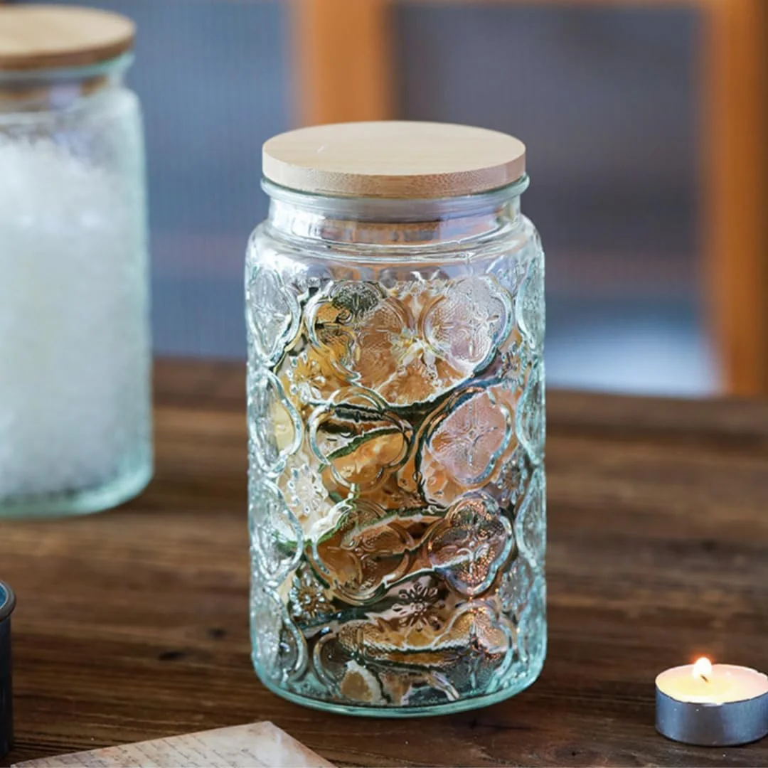 ظرف شیشه ای ذخیره سازی وینتیج، ظروف شیشه ای نگهداری مواد غذایی 1000 میلی لیتری با درب بامبو، ظرف کوکی درب دار مناسب برای پیشخوان آشپزخانه، انبار، قهوه، چای، شکر (گرد، بگونیا)