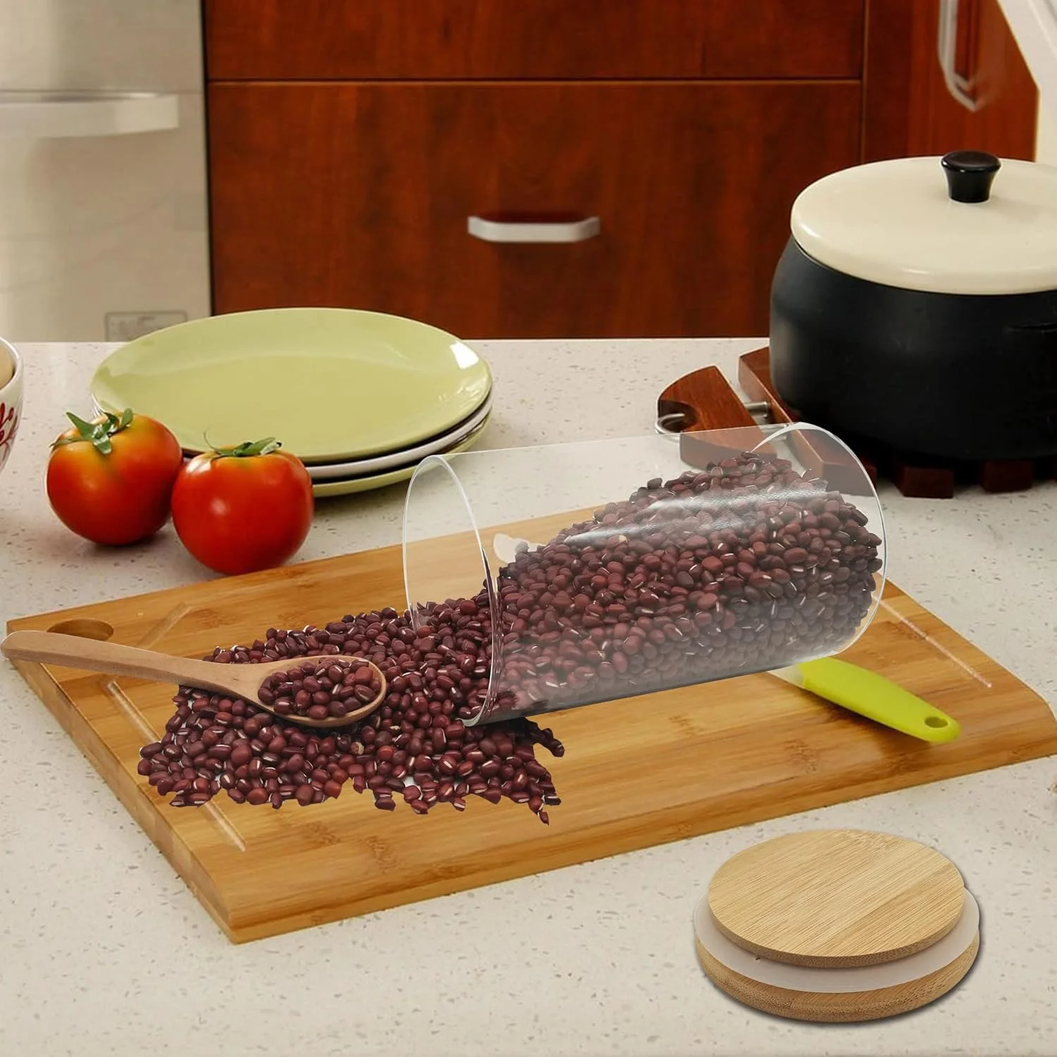 VIKEYHOME Glass Pantry Storage Containers, 27oz (6 Pack) Borosilicate Glass Food Jars with Airtight Bamboo Lids, 800ml Jar with 6 pcs Wooden Spoons