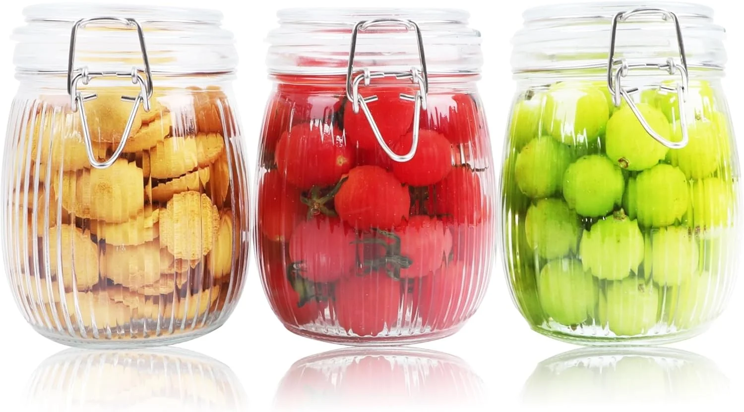 شیشه های درب دار THE WHITE SHOP، ظرف شیشه ای 750 میلی لیتری با دهانه گشاد و درب محکم، ضد نشت برای یخچال، آشپزخانه، انبار، میوه، شکر، آجیل، مربا، چای، حبوبات، 3 عدد