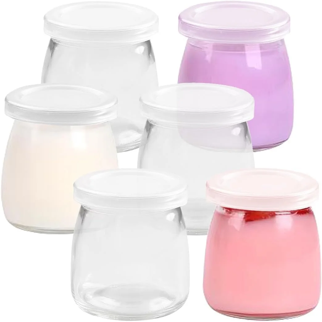 ظروف ماست 180 میلی لیتری، ظرف پودینگ با درب، ظروف شیشه ای درب دار برای شیر، مربا، ژله، موس، تهیه ماست، مربا، ژله، موس و عسل - قابل استفاده مجدد، ظروف گرد برای نگهداری در آشپزخانه منزل (6 عدد)