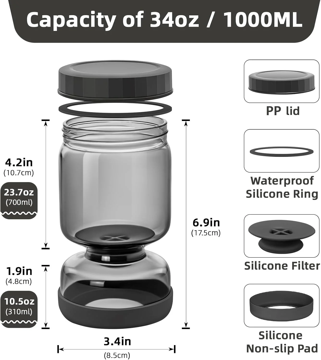 ظرف ترشی و خیارشور WhiteRhino با صافی چرخشی، ظرف 1 لیتری خیارشور و زیتون، ظرف شیشه ای جداکننده آب خیارشور با درب محکم برای فلفل هالوپینو و خیار