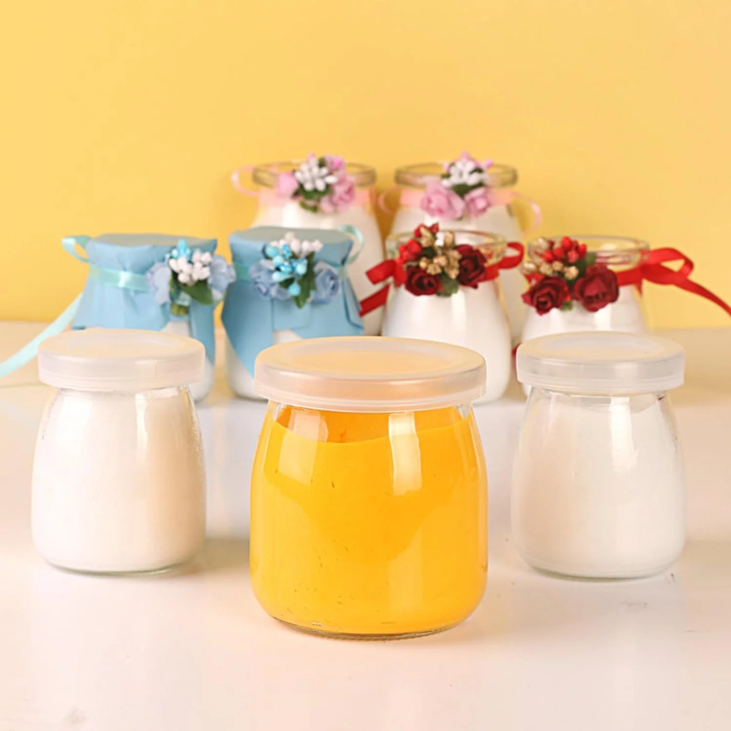 ظروف ماست 180 میلی لیتری، ظرف پودینگ با درب، ظروف شیشه ای درب دار برای شیر، مربا، ژله، موس، تهیه ماست، مربا، ژله، موس و عسل - قابل استفاده مجدد، ظروف گرد برای نگهداری در آشپزخانه منزل (6 عدد)