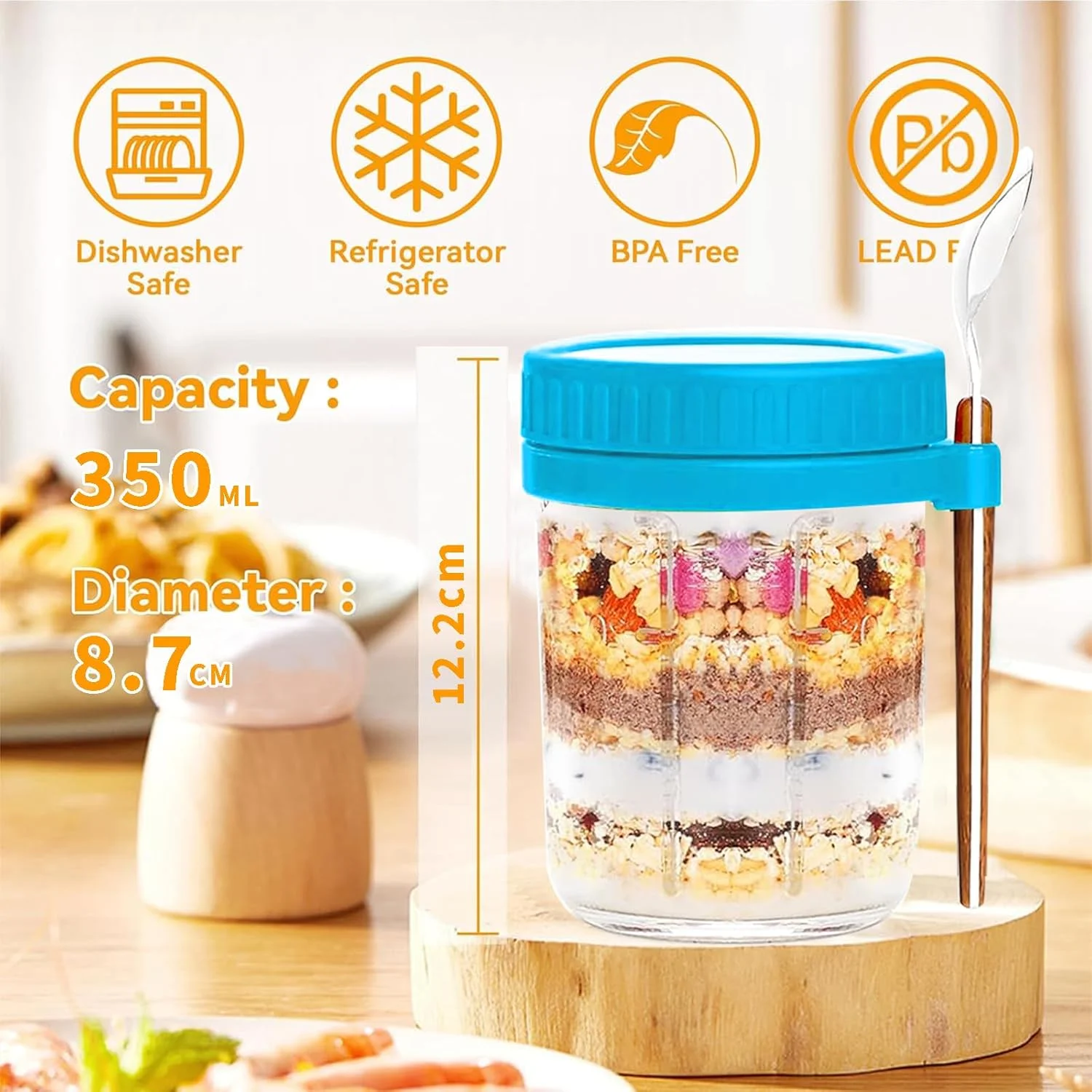 مجموعه 6 عددی شیشه های جو دوسر Yoawllty با درب و قاشق، ظروف شیشه ای 470 میلی لیتری برای جو دوسر، ظروف مناسب برای غلات، میوه، سبزیجات، شیر، سالاد و ماست