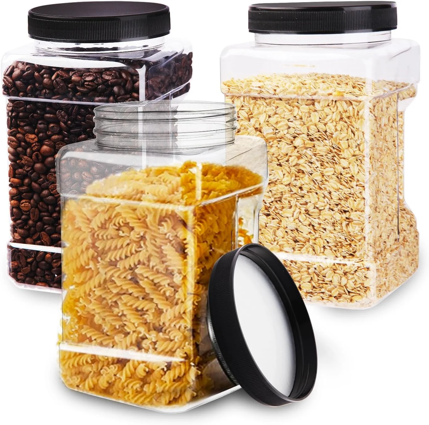 ظروف پلاستیکی مربع شفاف Wideotng، 3 عددی، 2.8 لیتر، ظروف نگهداری پلاستیکی دهان گشاد با درب، ظروف بزرگ و نفوذناپذیر برای نگهداری مواد غذایی خشک، آبنبات، کلوچه، آشپزخانه و انبار، با قابلیت گرفتن آسان