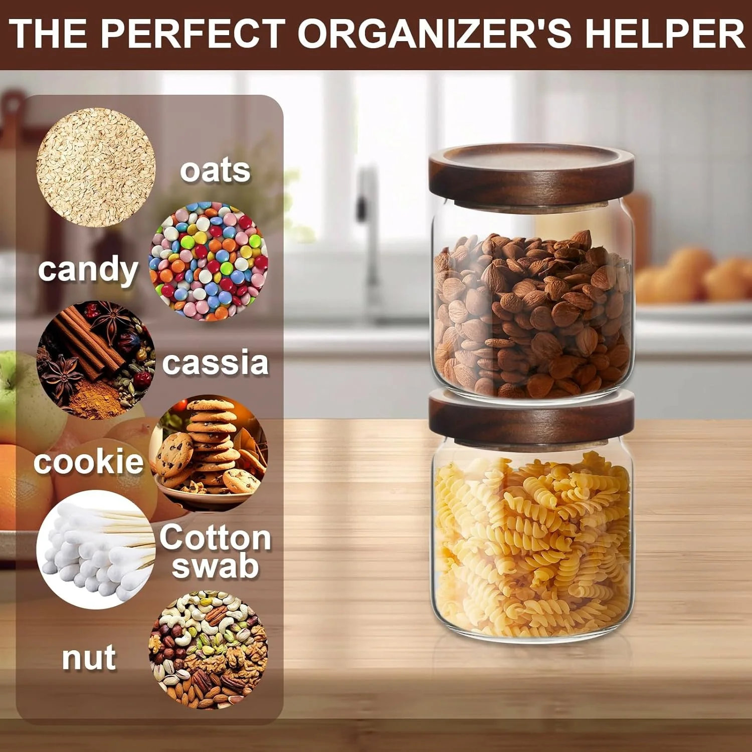 wangsdjy ست 4 عددی شیشه های نگهداری مواد غذایی 16 اونسی با درب چوبی اقاقیا - ظروف آشپزخانه برای قهوه، چای، شکر، ادویه جات، گیاهان و آب نبات - درب محکم و شیک برای انبار یا روی میز