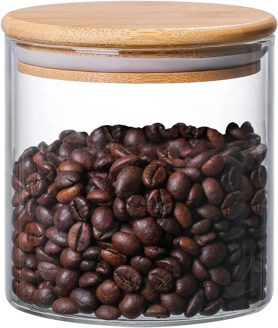 ظرف شیشه ای ذخیره سازی مولفوج 550 میلی لیتر با درب چوبی، بطری استوانه ای شفاف و قابل چیدمان، مناسب برای مواد غذایی، قهوه، آبنبات، شکر، نمک و چای
