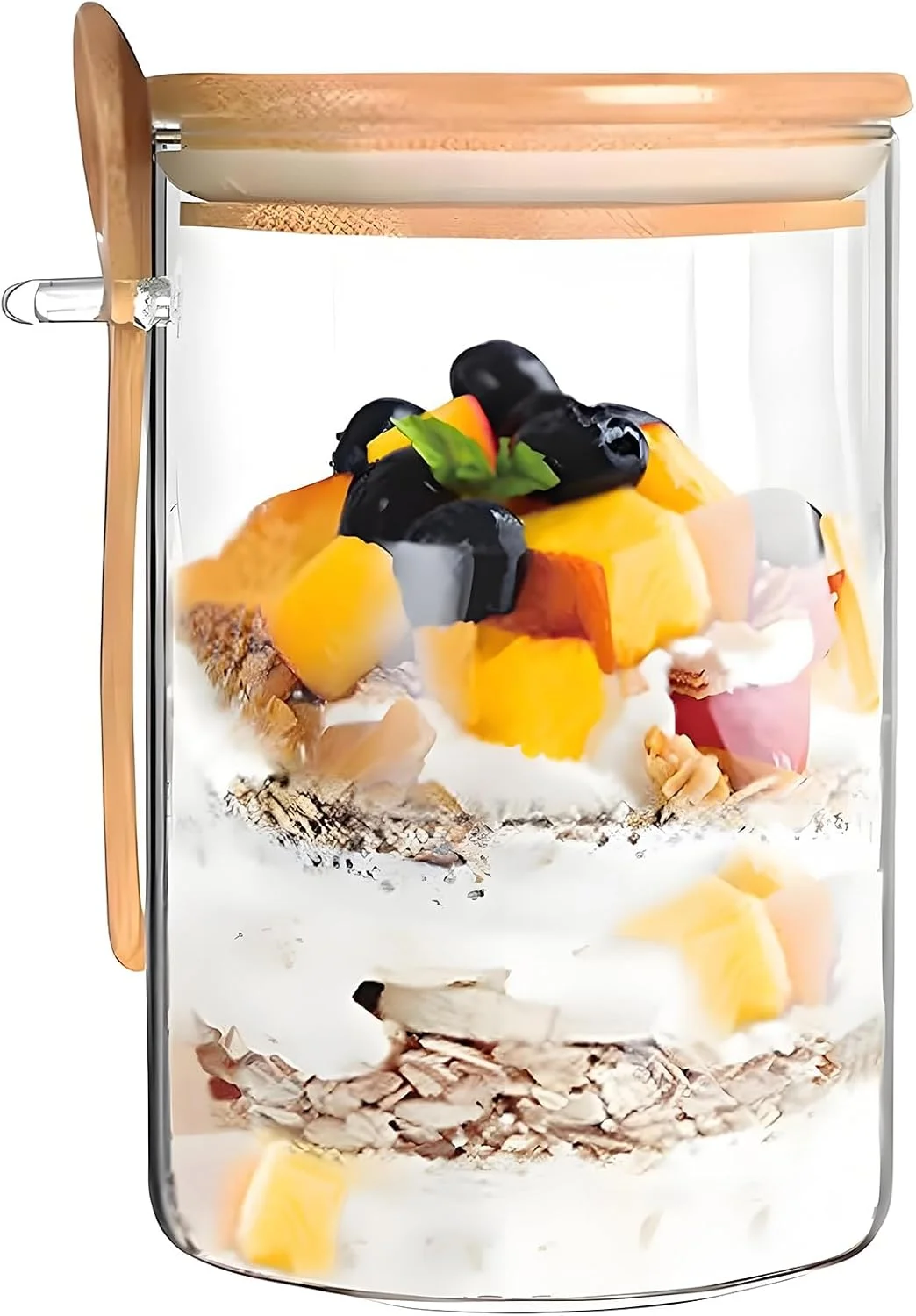 ظروف جو دوسر یک شبه MUAMAX، شیشه های جو دوسر یک شبه 473 میلی لیتری با درب چوبی و قاشق، ظرف شیشه ای نگهداری مواد غذایی، شیشه های شیشه ای برای شکر، قهوه، ظروف مناسب برای بلغور جو دوسر، پودینگ چیا، ماست، سالاد و غلات