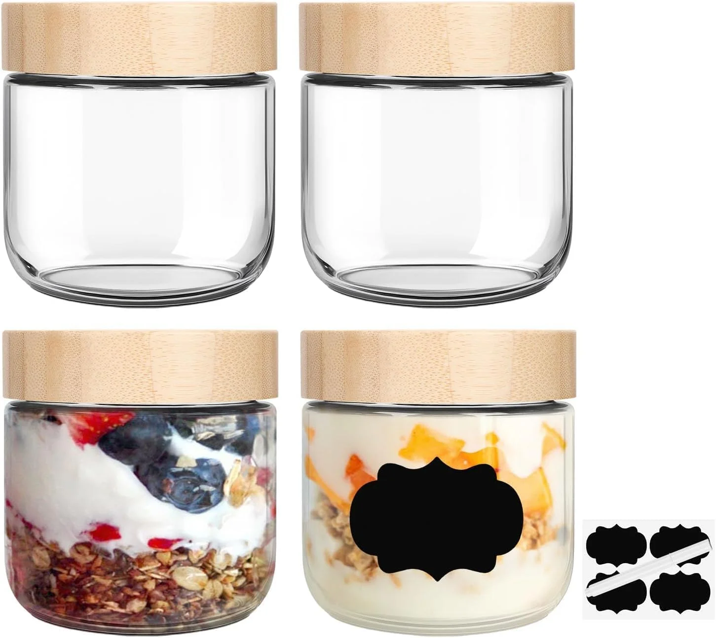 ست 4 عددی شیشه های درب دار Lomeshow، ظروف جو دوسر شبانه با درب بامبو، شیشه های دهان گشاد میسون برای سالاد، ظروف شیشه ای نگهداری مواد غذایی برای تنقلات، ماست، ادویه، شکر (300 میلی لیتر)