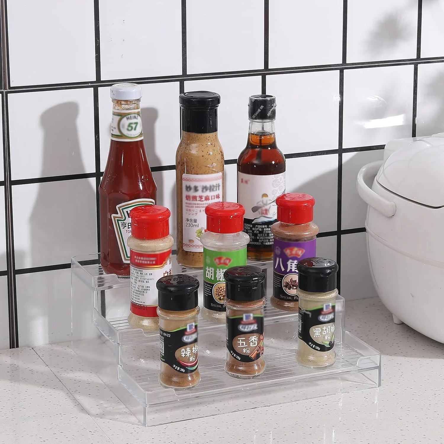 جا ادویه ای پلاستیکی 3 طبقه، سازمان دهنده کابینت، پیشخوان، انبار، قفسه، مناسب برای نگهداری ادویه جات، چاشنی ها، شیشه ها، کنسرو و لوازم آشپزخانه (1 عدد)