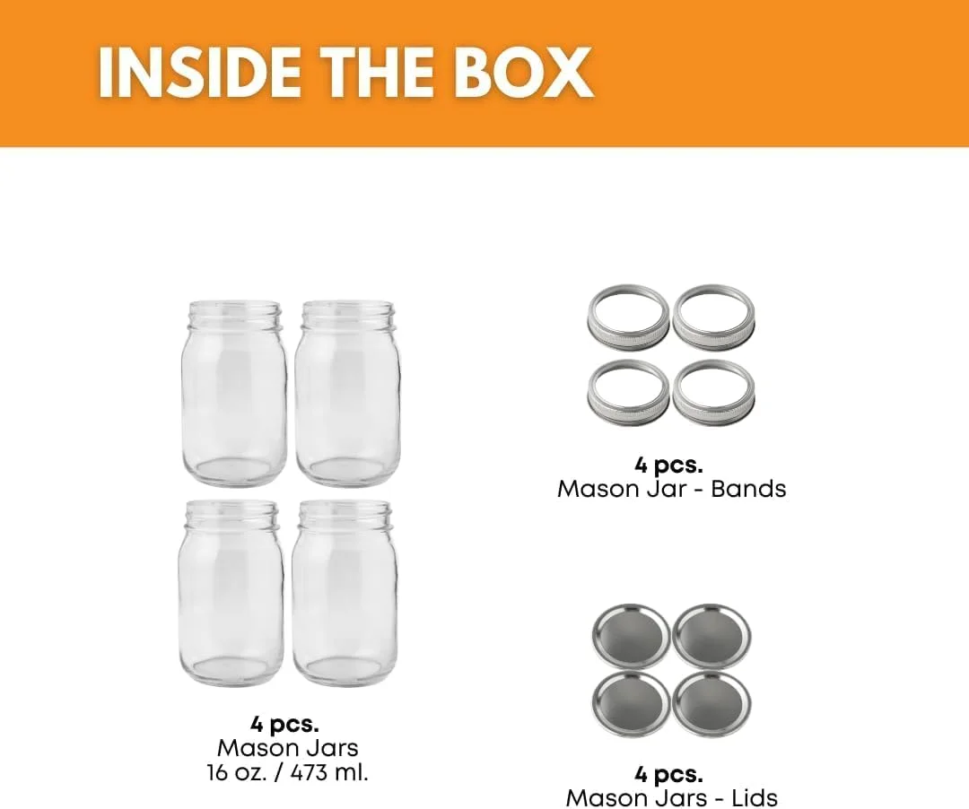 شیشه های دهانه معمولی FastRack، 473 میلی لیتر با درب های محکم - بسته 4 عددی | شیشه های شیشه ای خالی برای نگهداری مواد غذایی، تخمیر، ترشی، آماده سازی غذا، سازماندهی انبار و تهیه کامبوچا