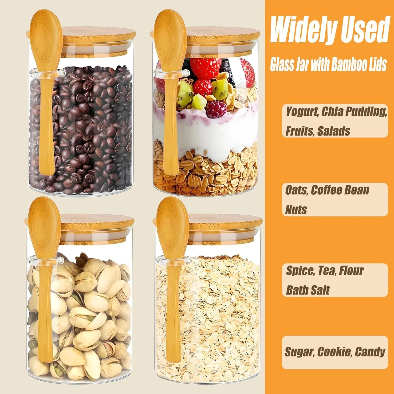 ظروف جو دوسر یک شبه MUAMAX، شیشه های جو دوسر یک شبه 473 میلی لیتری با درب چوبی و قاشق، ظرف شیشه ای نگهداری مواد غذایی، شیشه های شیشه ای برای شکر، قهوه، ظروف مناسب برای بلغور جو دوسر، پودینگ چیا، ماست، سالاد و غلات