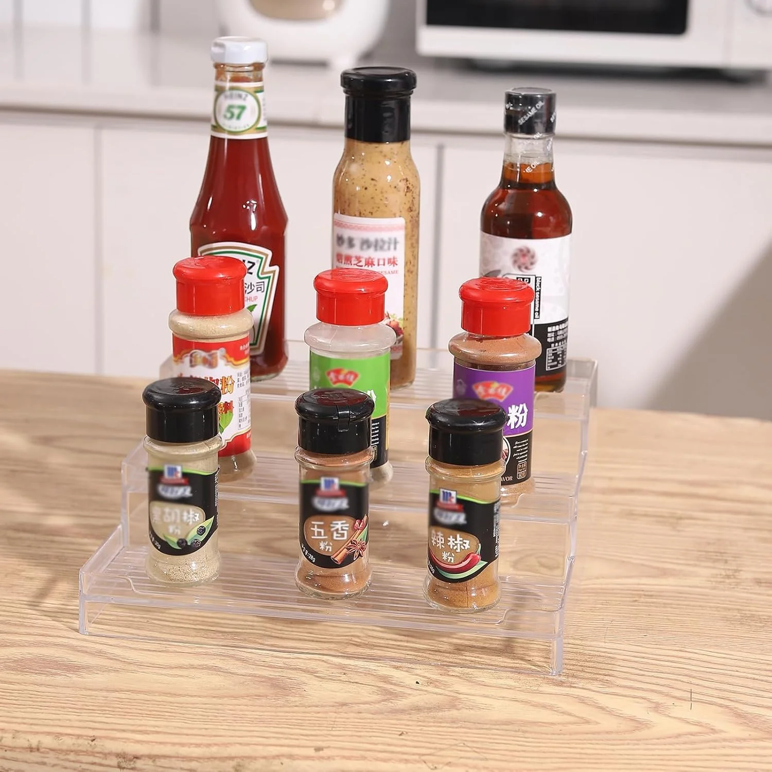 جا ادویه ای پلاستیکی 3 طبقه، سازمان دهنده کابینت، پیشخوان، انبار، قفسه، مناسب برای نگهداری ادویه جات، چاشنی ها، شیشه ها، کنسرو و لوازم آشپزخانه (1 عدد)