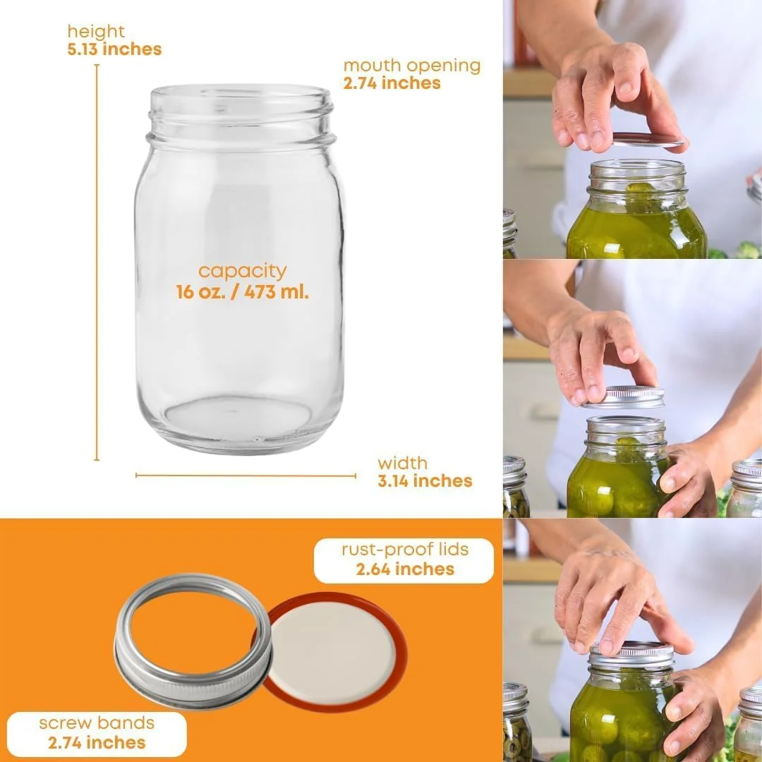شیشه های دهانه معمولی FastRack، 473 میلی لیتر با درب های محکم - بسته 4 عددی | شیشه های شیشه ای خالی برای نگهداری مواد غذایی، تخمیر، ترشی، آماده سازی غذا، سازماندهی انبار و تهیه کامبوچا