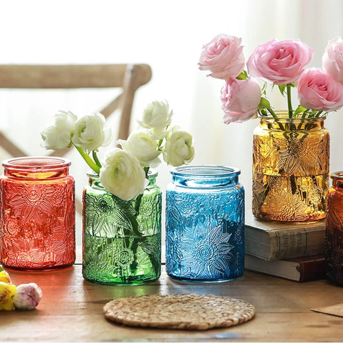 ست 4 عددی ظروف شیشه ای نگهداری مواد غذایی وینتیج ANSQU، ظروف شیشه ای قهوه 700 میلی لیتری، ظروف شیشه ای تزئینی، ظروف شکر با درب چوبی هواگیر برای انبار آشپزخانه، ظروف کوکی (آفتابگردان)