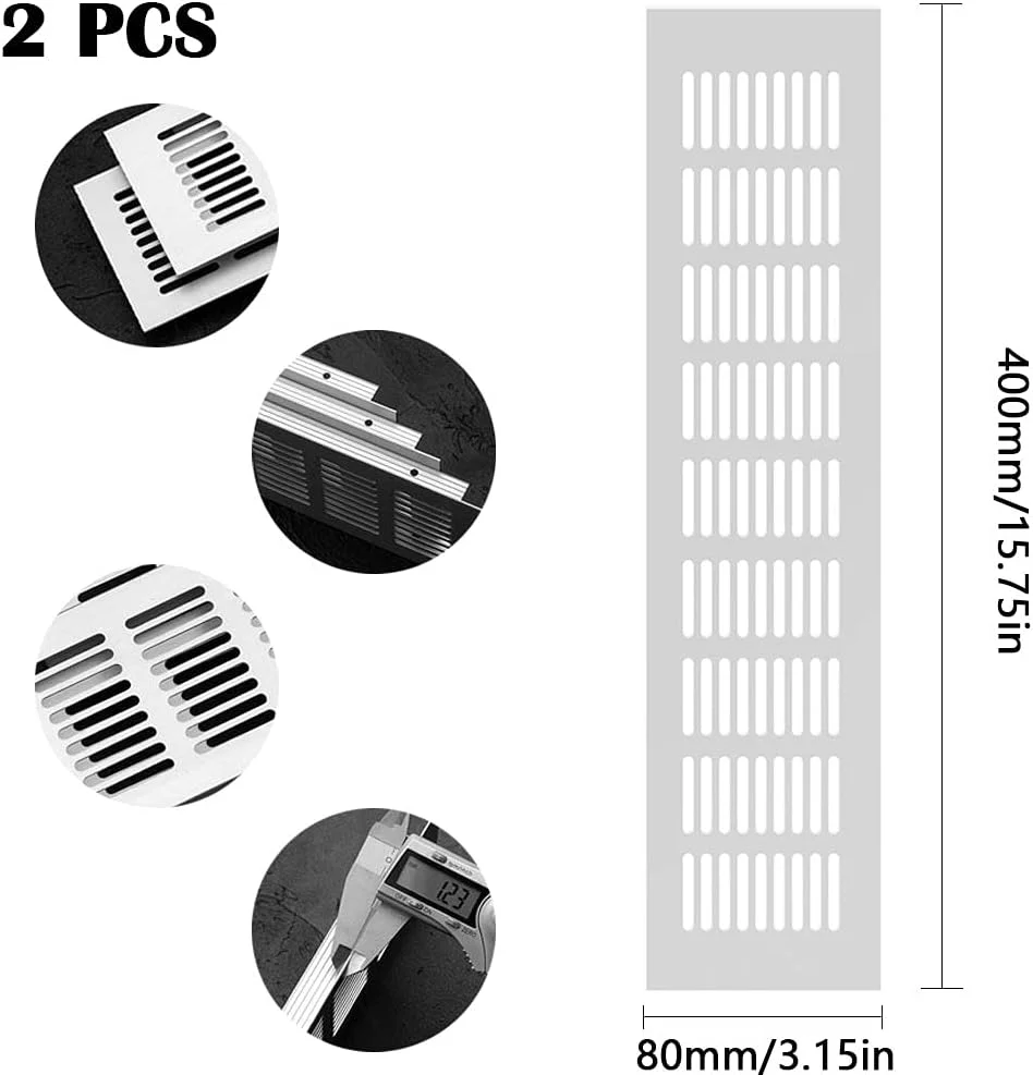 GZGXKJ 2 عدد دریچه هوا آلومینیومی نقره ای 80 x 400 میلی متر، دریچه تهویه دیوار، ضد حشره، مستطیلی سوراخ دار آلومینیومی
