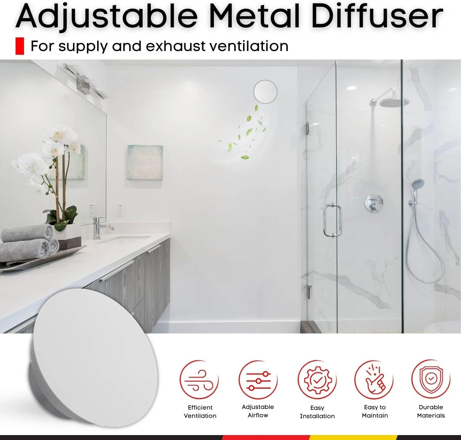 دریچه گرد هوا Steinberg14 - پخش کننده فلزی سفید 6.3 اینچی - دریچه هوا خروجی و ورودی یونیورسال - دریچه قابل تنظیم سقفی دیواری - پوشش دریچه فن مکنده - توری تهویه برای حمام