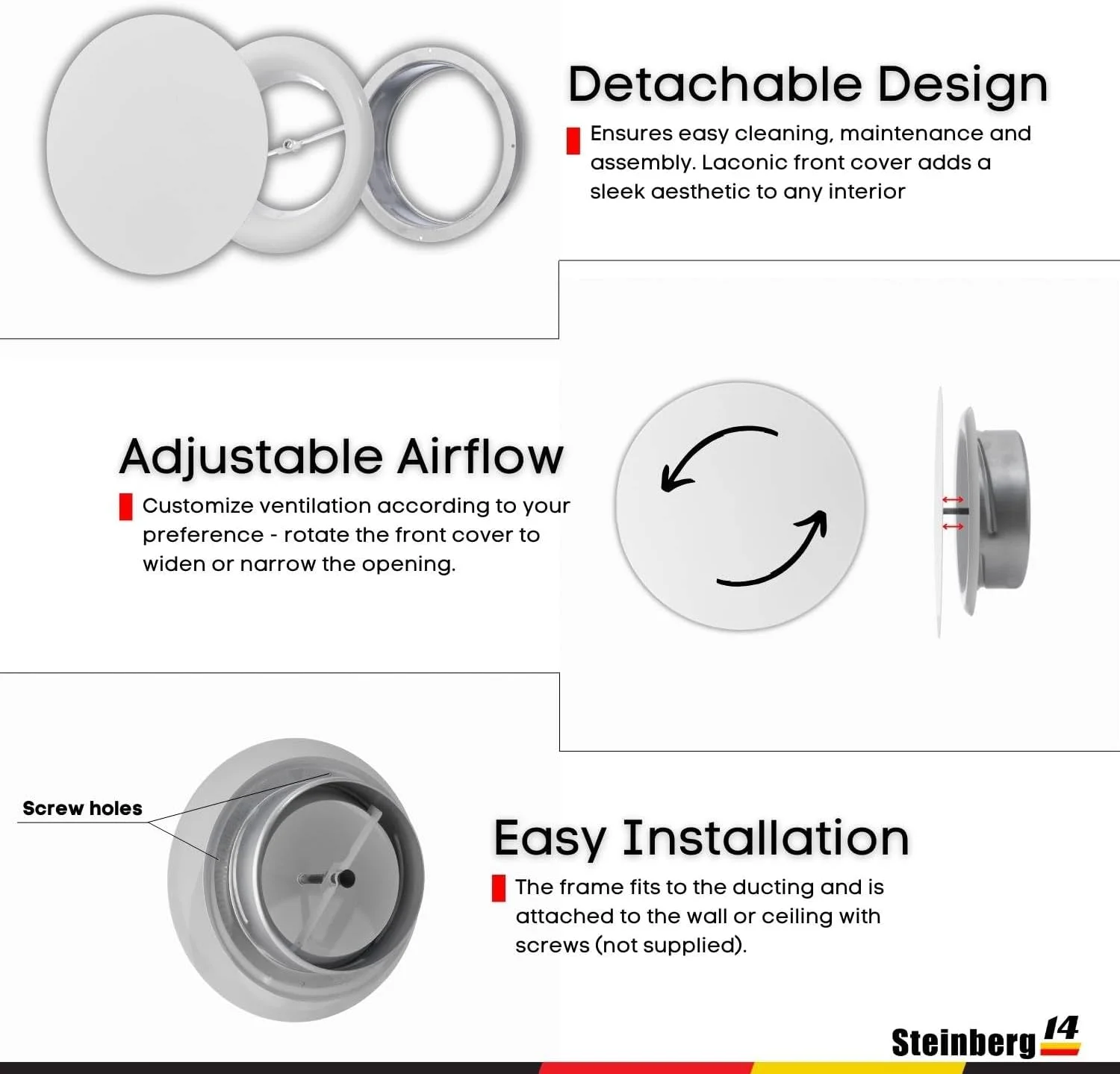 دریچه گرد هوا Steinberg14 - پخش کننده فلزی سفید 6.3 اینچی - دریچه هوا خروجی و ورودی یونیورسال - دریچه قابل تنظیم سقفی دیواری - پوشش دریچه فن مکنده - توری تهویه برای حمام