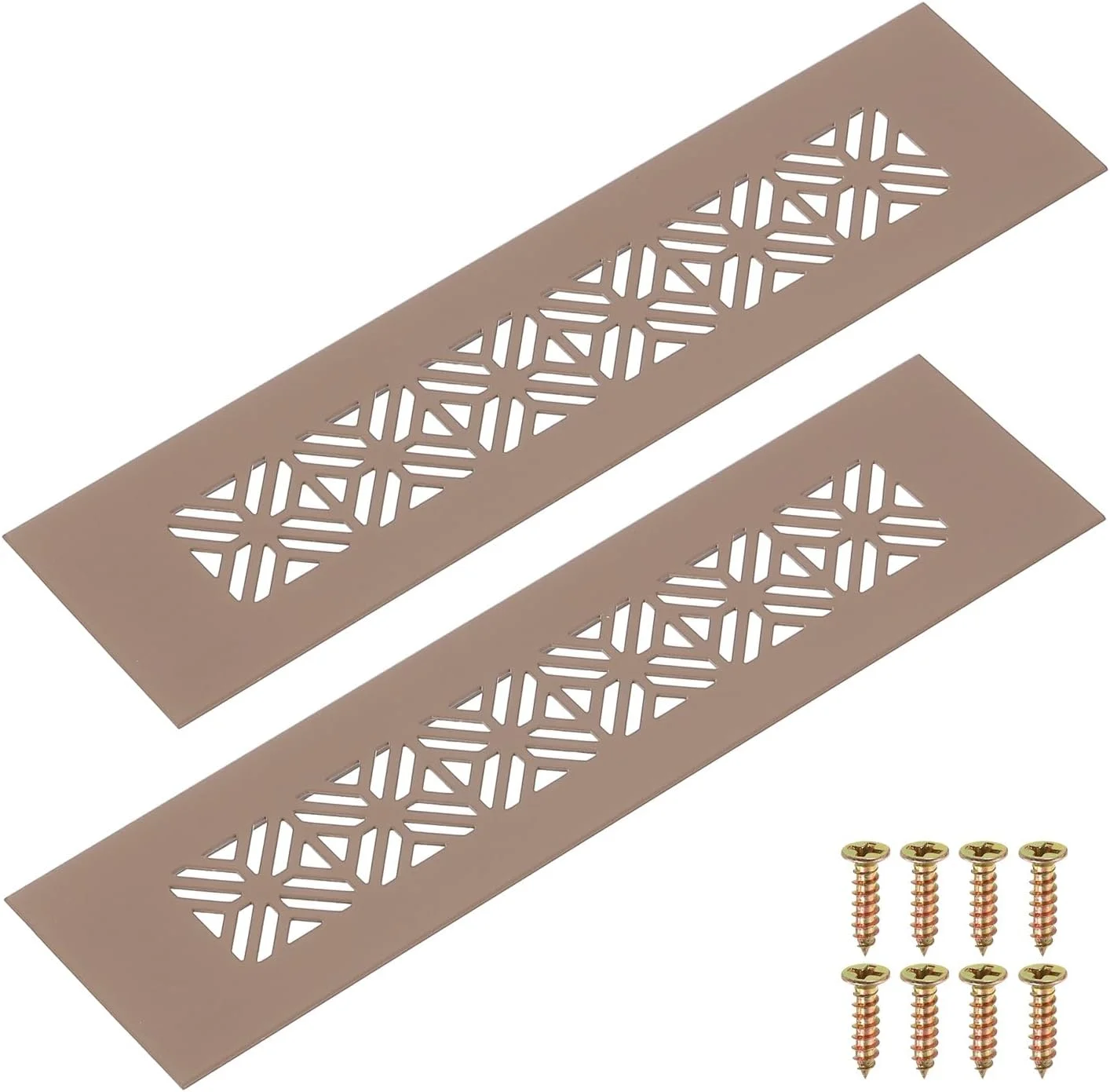 دریچه های تهویه هوا آلومینیومی آلیاژی، 2 عدد، 200x50 میلی متر / 7.9x2 اینچ، پوشش توری تهویه مستطیلی با پره و پیچ های نصب برای درب کابینت کمد، قهوه ای