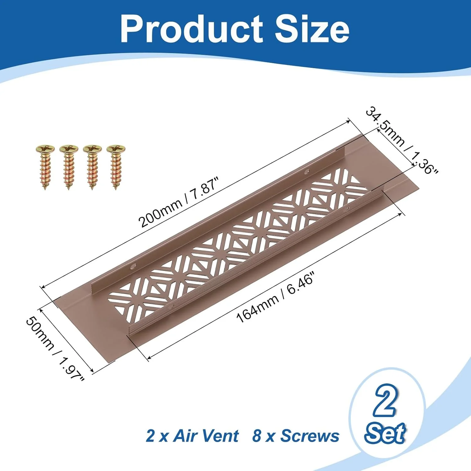 دریچه های تهویه هوا آلومینیومی آلیاژی، 2 عدد، 200x50 میلی متر / 7.9x2 اینچ، پوشش توری تهویه مستطیلی با پره و پیچ های نصب برای درب کابینت کمد، قهوه ای