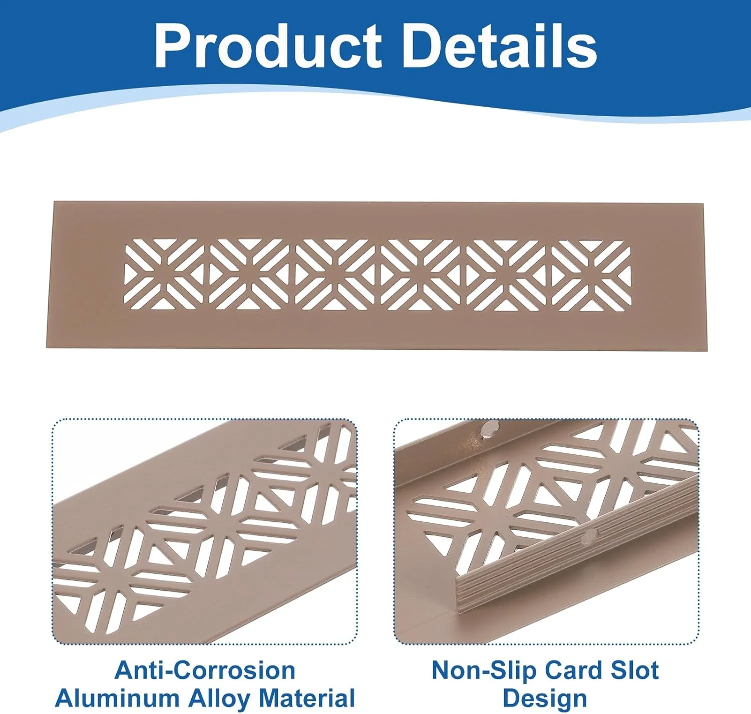 دریچه های تهویه هوا آلومینیومی آلیاژی، 2 عدد، 200x50 میلی متر / 7.9x2 اینچ، پوشش توری تهویه مستطیلی با پره و پیچ های نصب برای درب کابینت کمد، قهوه ای