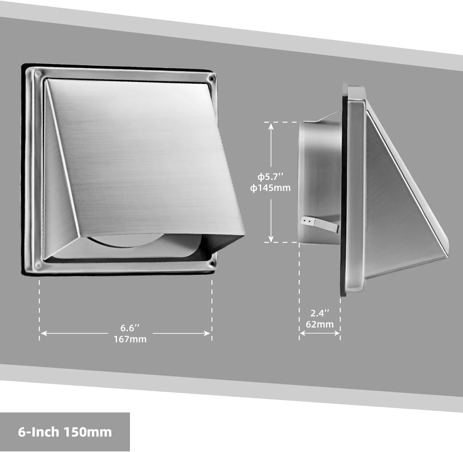 دریچه هواکش استیل ضد زنگ 6 اینچی، پوشش دریچه خروجی فن اگزوز دیوارهای خارجی
