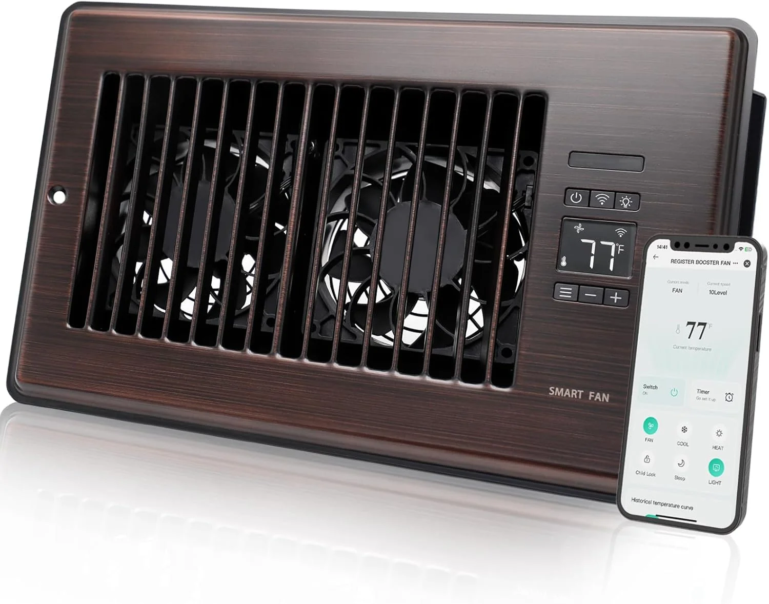 فن تقویت کننده دریچه هوا فوق العاده بی صدا برای دریچه های 6" x 10"، دریچه هوشمند با ترموستات دوگانه هوشمند و کنترل برنامه WIFI، فن دریچه AC گرمایش و سرمایش (ORB)