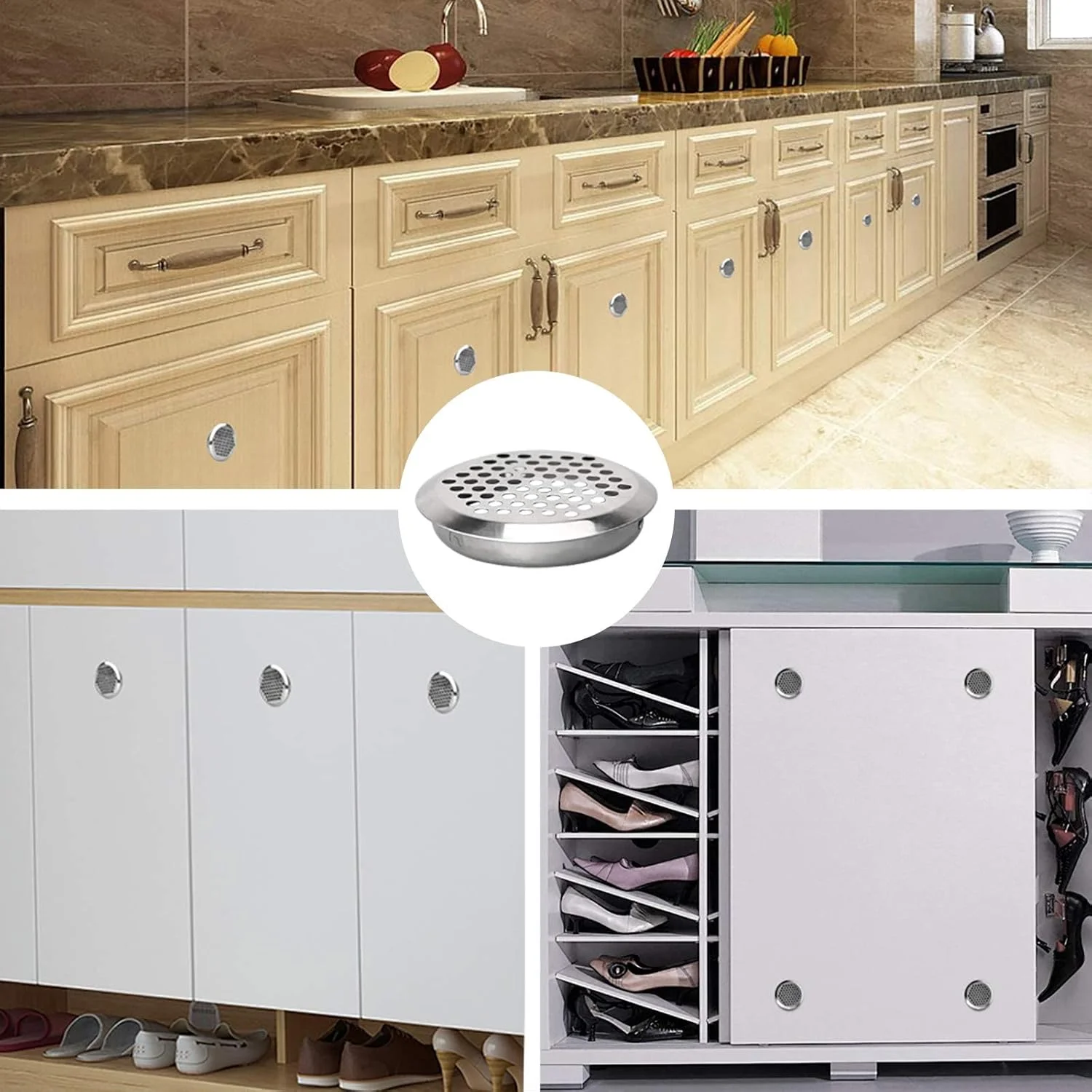 دریچه تهویه هوا از جنس استیل ضد زنگ، 20 عدد دریچه مشبک گرد، توری تهویه گرد برای کابینت کفش، کمد، جالباسی، دریچه های هواکش دیواری، هود خروجی هوا