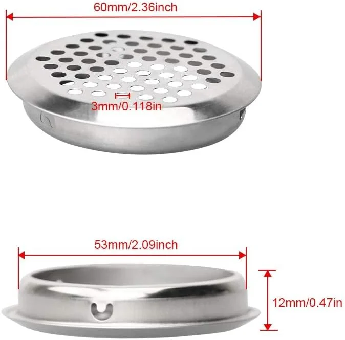 دریچه تهویه هوا از جنس استیل ضد زنگ، 20 عدد دریچه مشبک گرد، توری تهویه گرد برای کابینت کفش، کمد، جالباسی، دریچه های هواکش دیواری، هود خروجی هوا