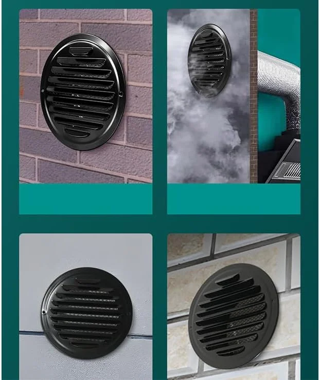 دریچه خروجی هوا از جنس استیل ضد زنگ ضخیم 100-150 میلی متر، پوشش توری محافظ حشرات، مناسب برای خروجی بیرونی منزل، دریچه های هوای دیواری، کانال های تخت، تهویه هوا، هود اگزوز (15 سانتی متر - مشکی)