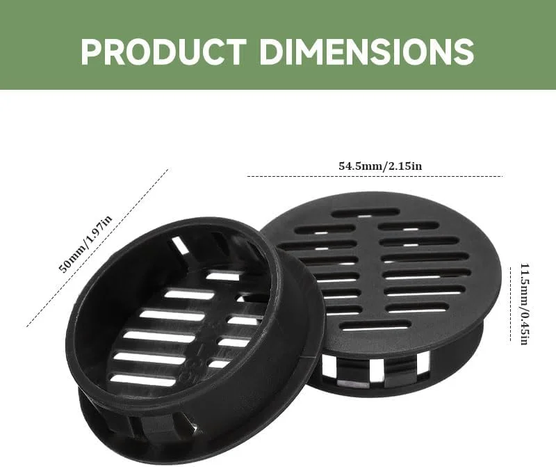 10 عدد دریچه گرد سقفی 50 میلی متری (2 اینچی)، توری تهویه پلاستیکی برای منزل، دفتر، حمام، آشپزخانه، کابینت و کمد