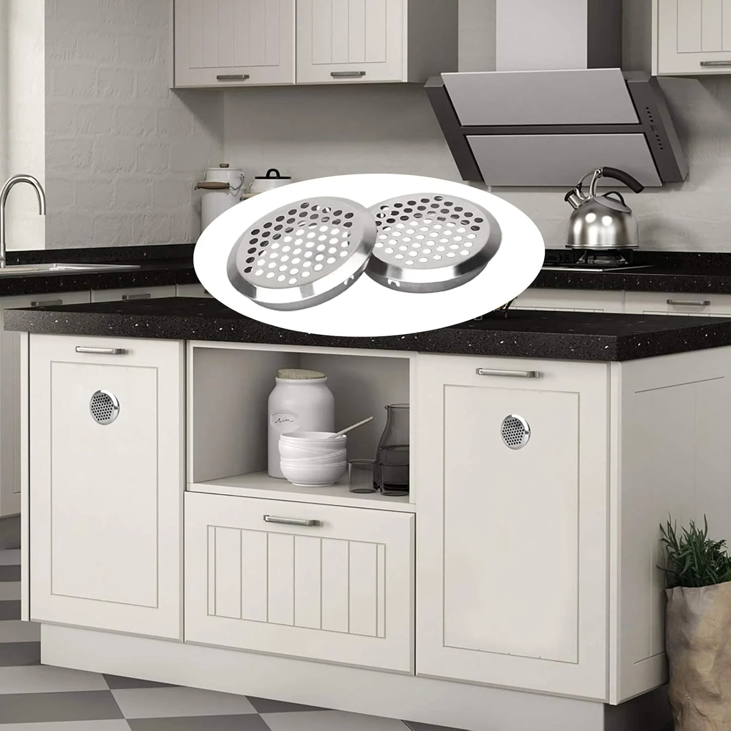 دریچه تهویه هوا از جنس استیل ضد زنگ، 20 عدد دریچه مشبک گرد، توری تهویه گرد برای کابینت کفش، کمد، جالباسی، دریچه های هواکش دیواری، هود خروجی هوا