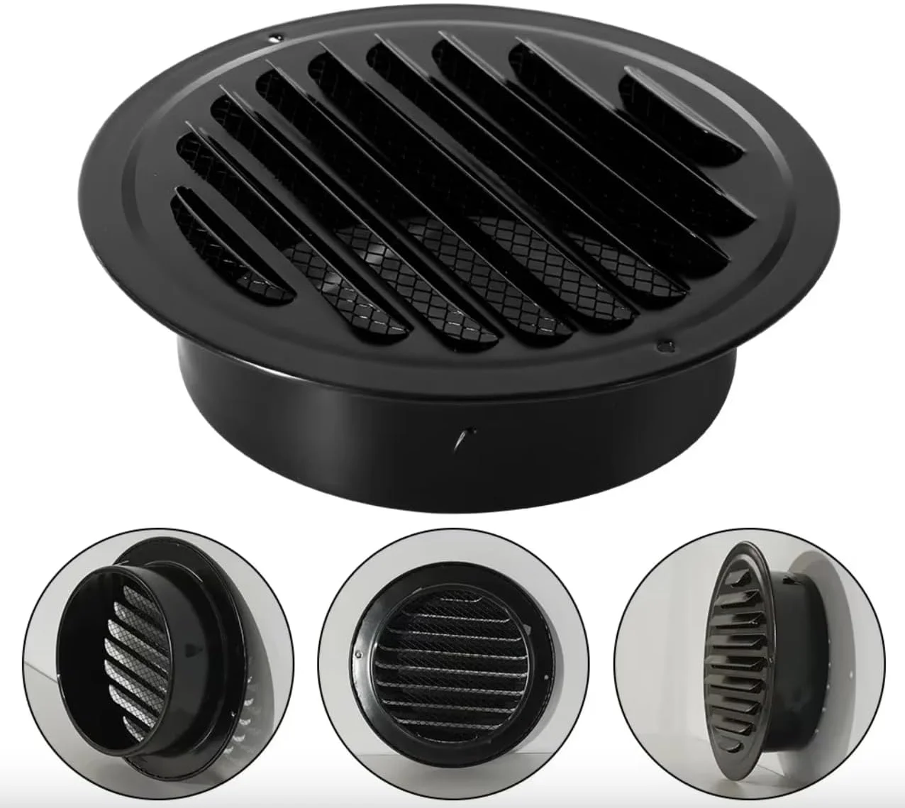 دریچه خروجی هوا از جنس استیل ضد زنگ ضخیم 100-150 میلی متر، پوشش توری محافظ حشرات، مناسب برای خروجی بیرونی منزل، دریچه های هوای دیواری، کانال های تخت، تهویه هوا، هود اگزوز (15 سانتی متر - مشکی)