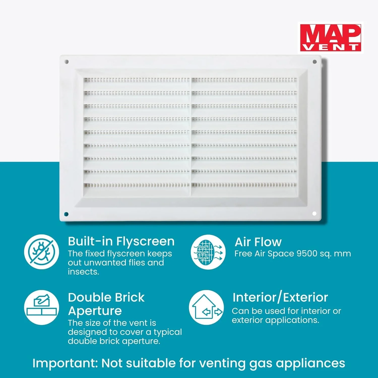 دریچه هواکش پلاستیکی لوور با توری حشره گیر 9 اینچ در 6 اینچ (229 میلی متر در 150 میلی متر)، پوشش توری آجری دوبل، سفید