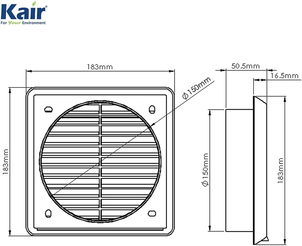 دریچه دیواری کرکره ای سفید رنگ Kair با ابعاد خارجی 183 میلی متر، دارای توری محافظ حشرات و اتصال گرد 150 میلی متری - 6 اینچی در قسمت پشتی