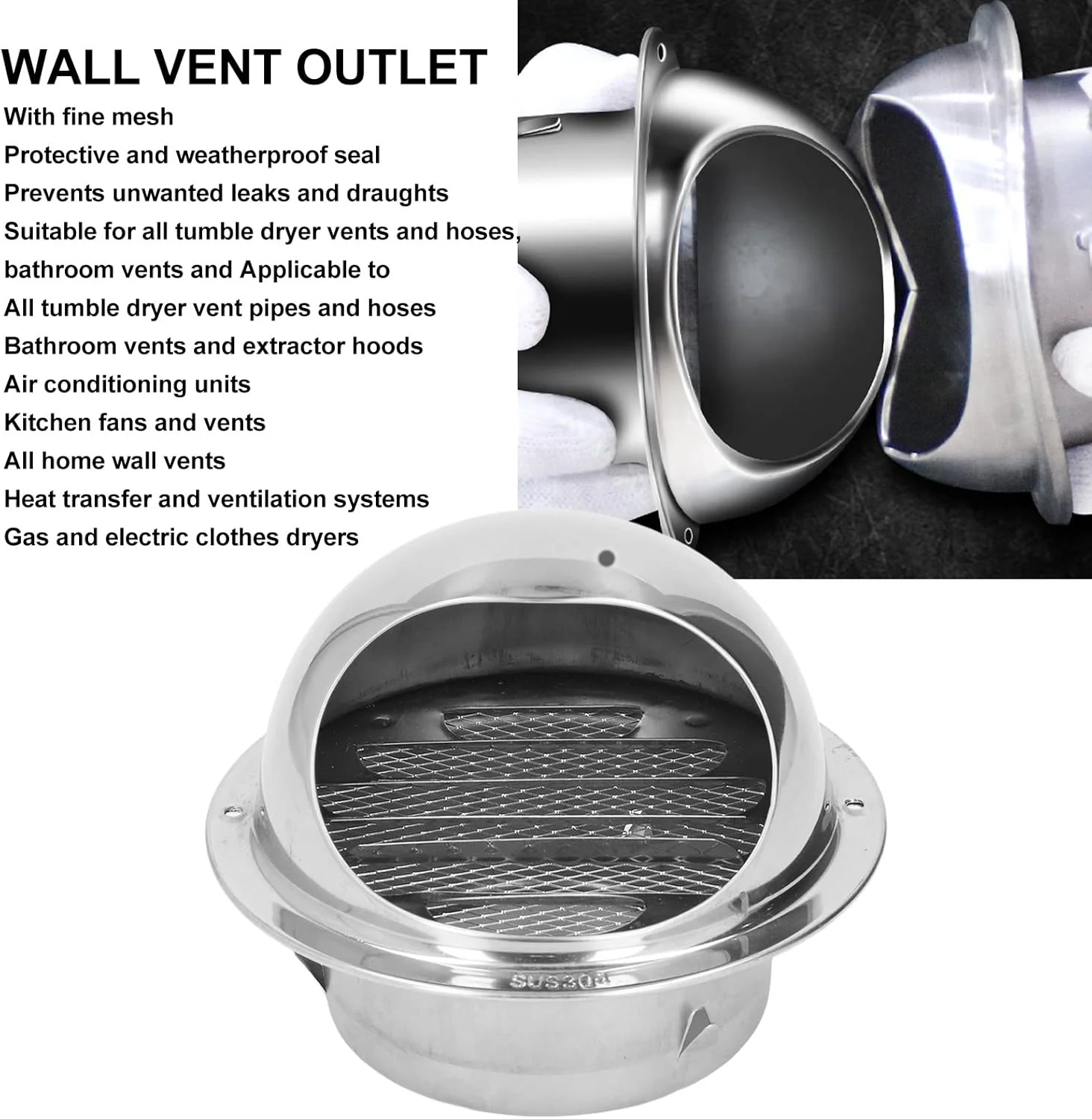 دریچه گرد استیل ضد زنگ Jiawu، پوشش دریچه دیواری، خروجی تهویه گریل گرد با توری ریز برای تهویه گردش هوا (150mm/5.9in)