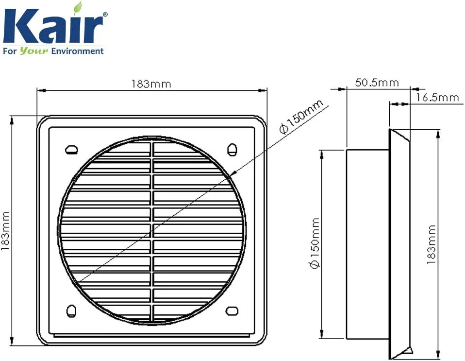 دریچه دیواری کرکره ای سفید رنگ Kair با ابعاد خارجی 183 میلی متر، دارای توری محافظ حشرات و اتصال گرد 150 میلی متری - 6 اینچی در قسمت پشتی