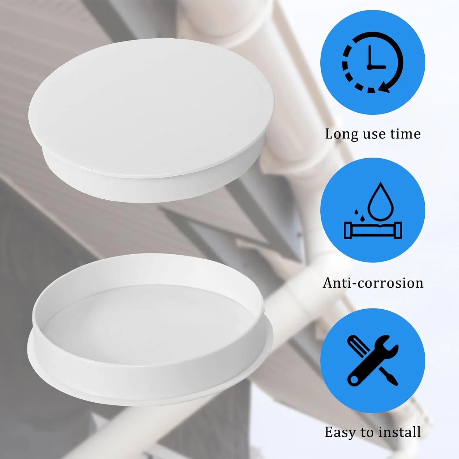 بسته 4 عددی پوشش لوله تهویه فنری، درپوش پی وی سی 110 میلی متری، درپوش لوله برای آستین، درپوش لوله برای لوله های زهکشی، لوله های فاضلاب، لوله های تخلیه (سفید)