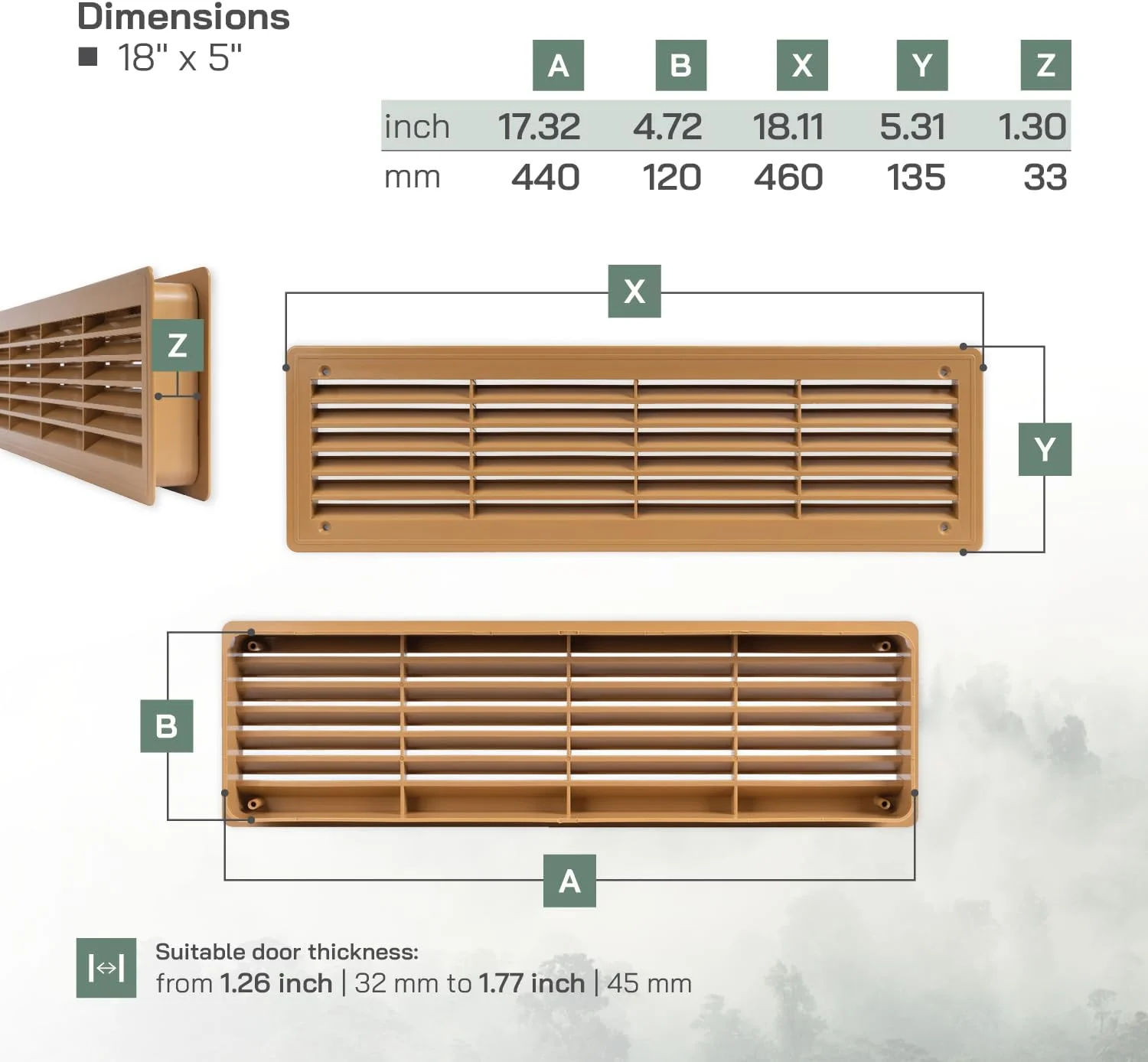 دریچه هوا 46 x 13.5 سانتی متر (44 x 12 سانتی متر) مخصوص درب - دو طرفه - دریچه هوای داخلی - مناسب برای حمام، کمد، گاراژ - رنگ: چوب