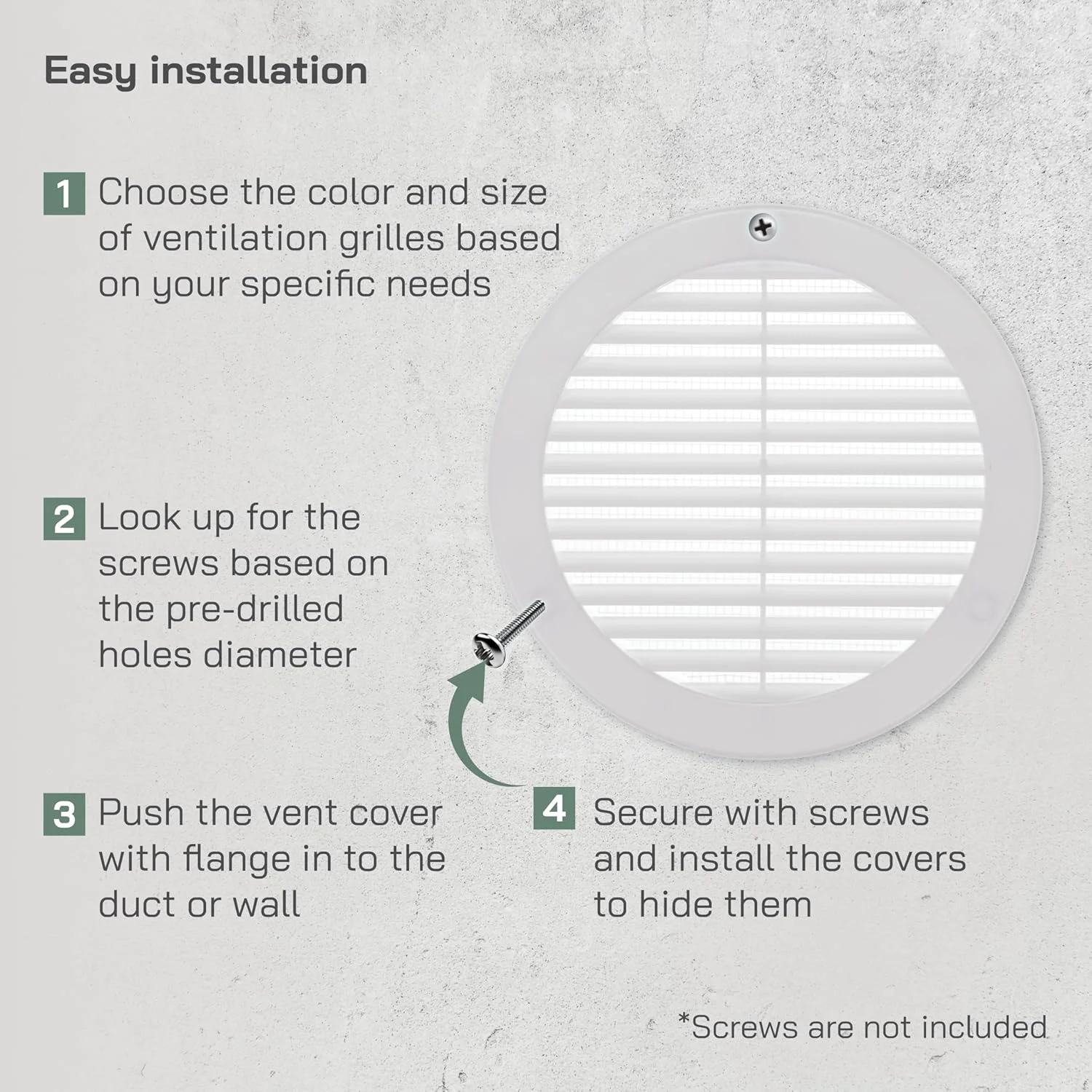 دریچه هواکش سقفی سفید 5 اینچی (ابعاد دهانه) Vent Systems با فلنج - توری پلاستیکی گرد - دارای توری حشره گیر داخلی HVAC برای حمام، منزل 6.2 اینچ (ابعاد بیرونی)