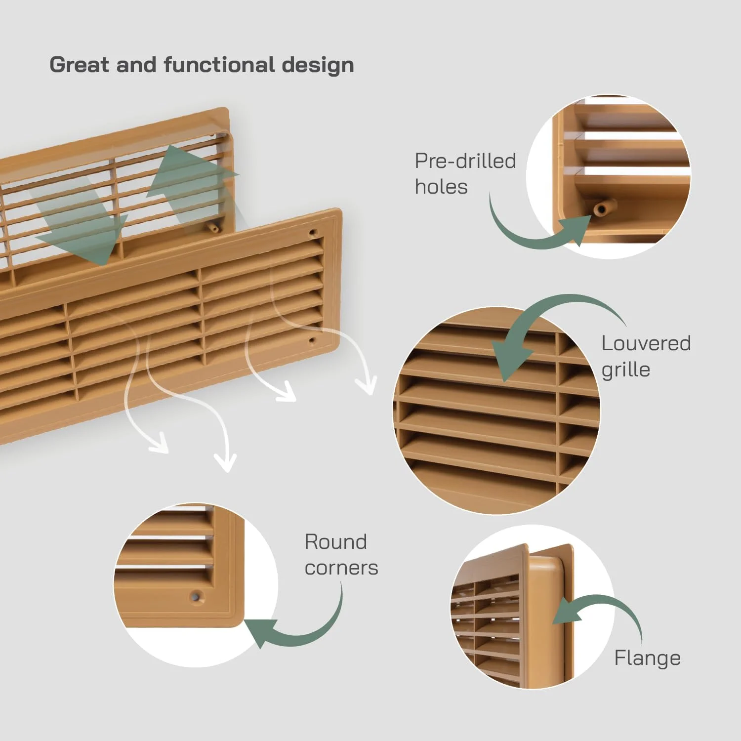 دریچه هوا 46 x 13.5 سانتی متر (44 x 12 سانتی متر) مخصوص درب - دو طرفه - دریچه هوای داخلی - مناسب برای حمام، کمد، گاراژ - رنگ: چوب